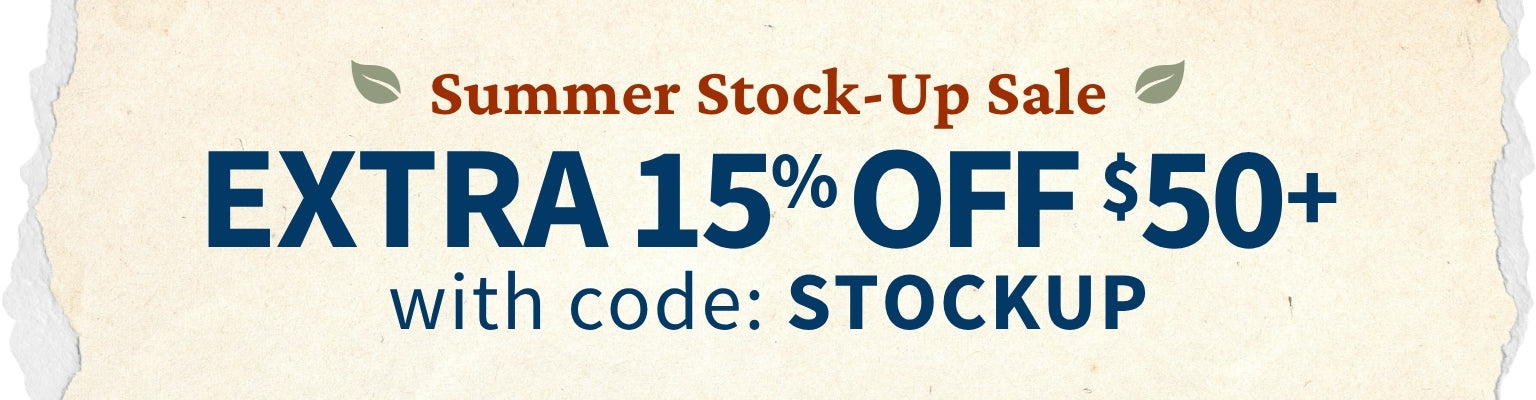 Promotional sale banner reading 'Summer Stock-Up Sale' with large text 'EXTRA 15% OFF $50+' and code 'STOCKUP' on a cream torn-edge background.