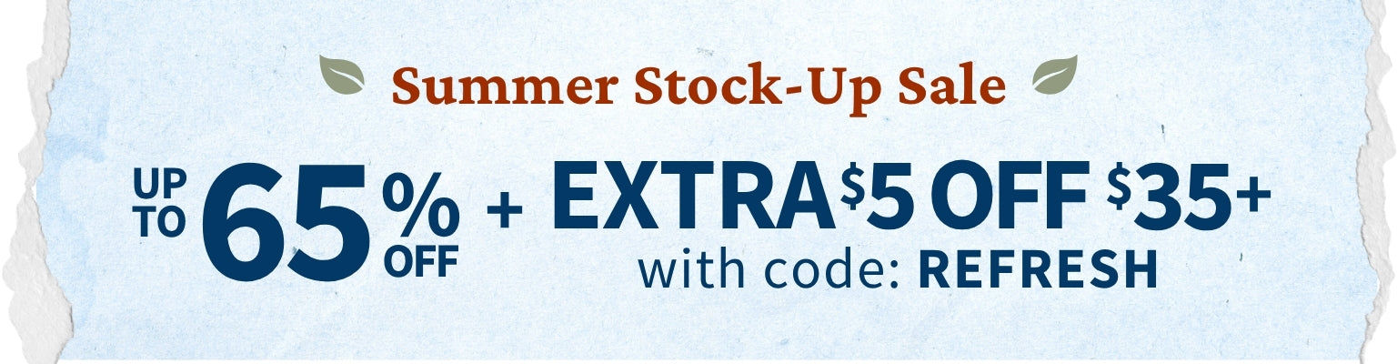 Promotional sale banner for a summer stock-up sale with text reading 'EXTRA $5 OFF $35+ with code: REFRESH' on a light blue textured background.