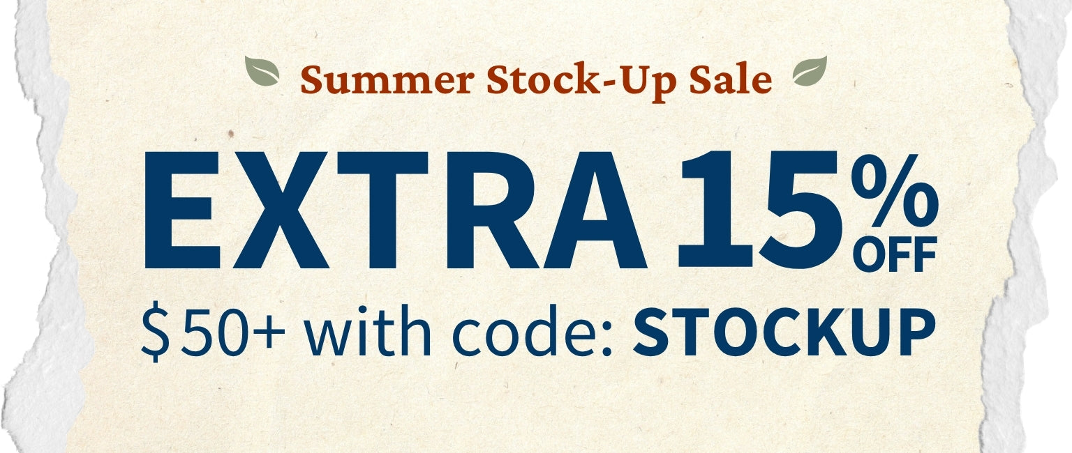 Promotional sale graphic reading 'Summer Stock-Up Sale' and 'EXTRA 15% OFF $50+ with code: STOCKUP' on a torn-paper style cream background.