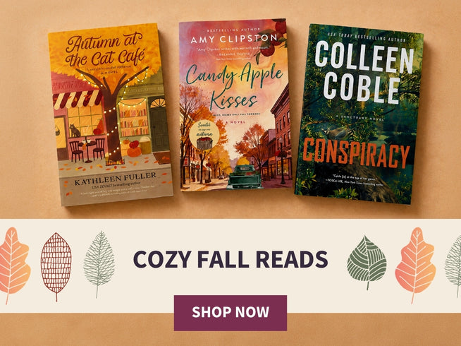 Three book covers displayed on a tan background with a decorative banner below reading 'COZY FALL READS' and a 'SHOP NOW' button. 