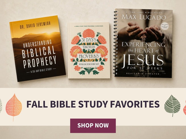 Three Bible study books displayed side by side on a light beige background, with a banner below reading 'FALL BIBLE STUDY FAVORITES' and a 'SHOP NOW' button. 