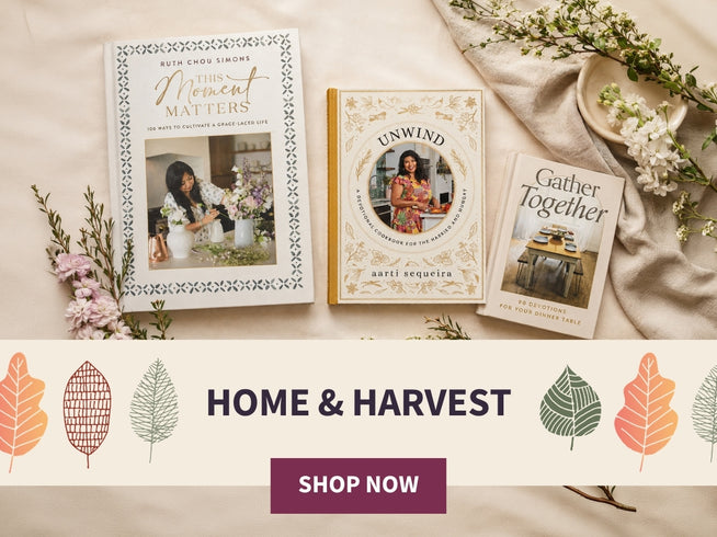 Three books arranged on a beige fabric background with floral and fabric props  with a 'SHOP NOW' button and leaf illustrations.