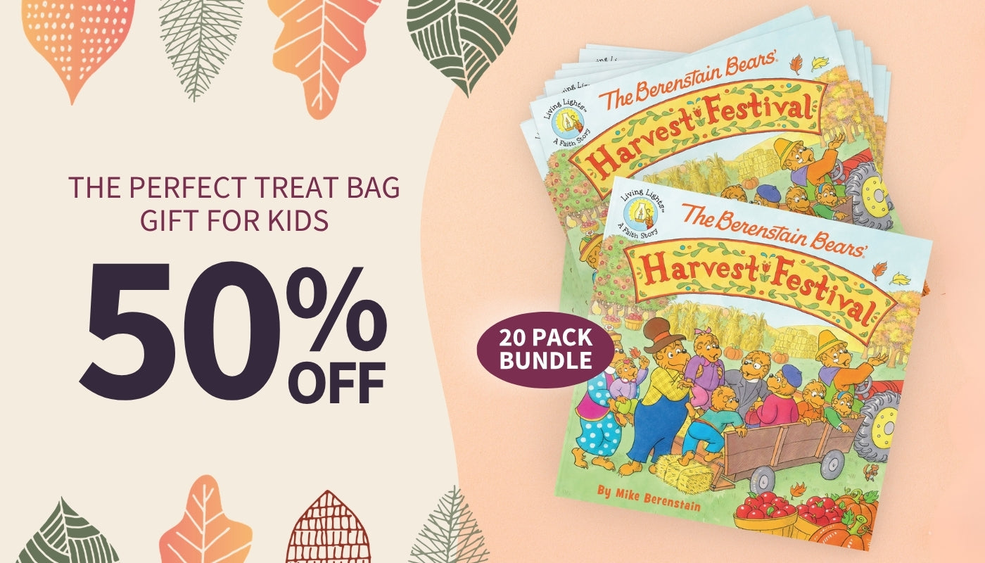 Promotional graphic for a kids' treat bag gift set featuring a 20-pack bundle of 'The Berenstain Bears' Harvest Festival' books. The left side displays 'THE PERFECT TREAT BAG GIFT FOR KIDS 50% OFF' in dark purple text with autumn leaf illustrations on a cream background.