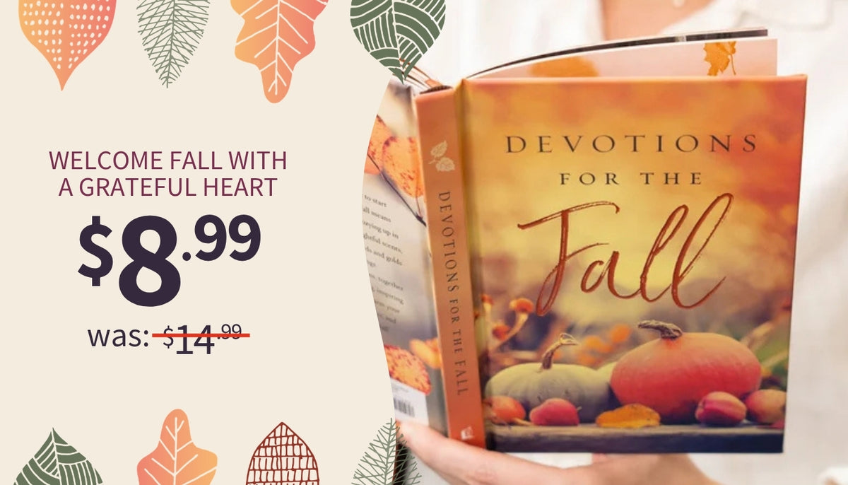 A person holds a book titled "Devotions for the Fall" with an autumn-themed cover showing pumpkins, acorns, and fall leaves. The left side of the image includes promotional text reading Welcome Fall with a Grateful Heart $8.99 was $14.99.