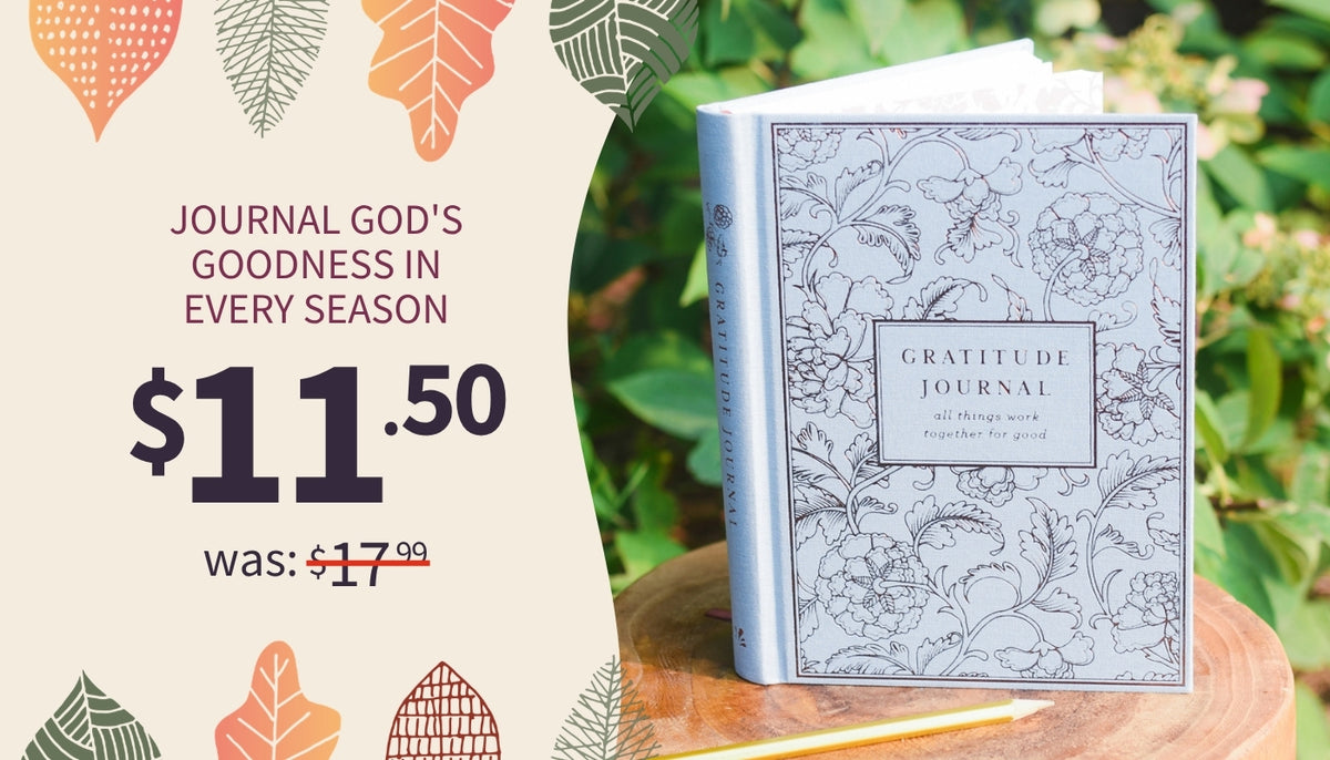 A hardcover gratitude journal with a floral line-art cover sits on a wooden surface outdoors, next to a promotional graphic on the left with the text 'Journal God's Goodness in Every Season', '$11.50', and 'was: $17.99.