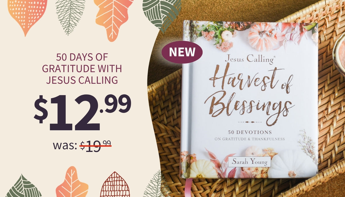 A promotional graphic for a devotional book titled 'Jesus Calling Harvest of Blessings' by Sarah Young. The book cover is shown resting on a woven wicker tray, with a 'NEW' badge above it.