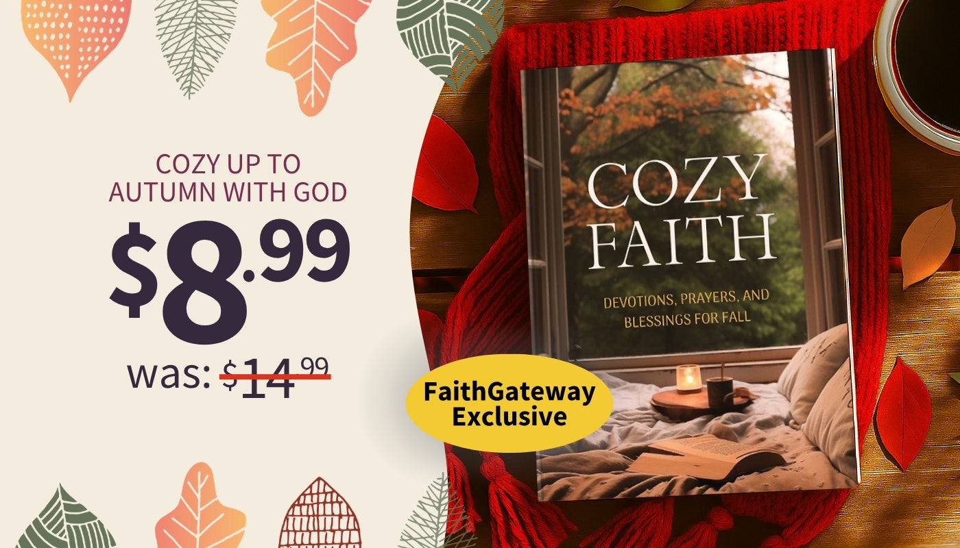 A promotional graphic for the book 'Cozy Faith' featuring a cozy autumn-themed flat-lay with a red knit scarf, a coffee cup, and fall leaves. The left side includes pricing text reading Cozy Up to Autumn with God - $8.99 was $14.99