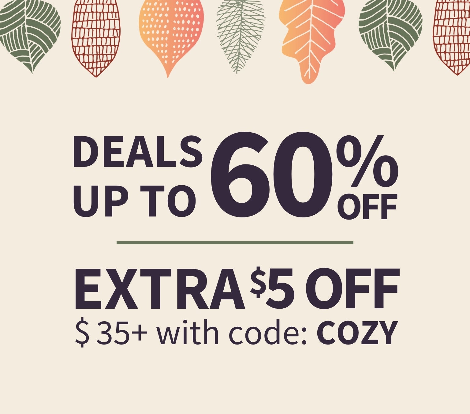 Fall sale banner on a cream background with decorative leaf illustrations, reading "Deals up to 60% off, extra $5 off $35+ with code COZY" 