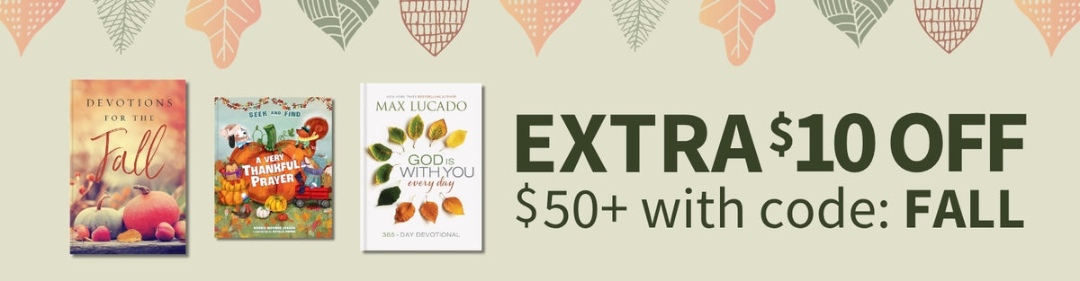 Promotional banner for an extra $10 off $50+ with code FALL, showing three book covers on the left and large black text on the right against a beige background with autumn leaf patterns.