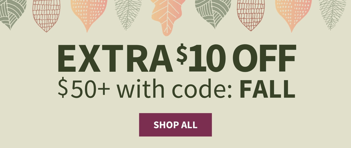 Promotional banner with autumn leaf illustrations along the top and text reading 'EXTRA $10 OFF $50+ with code: FALL' above a purple 'SHOP ALL' button on a light beige background.