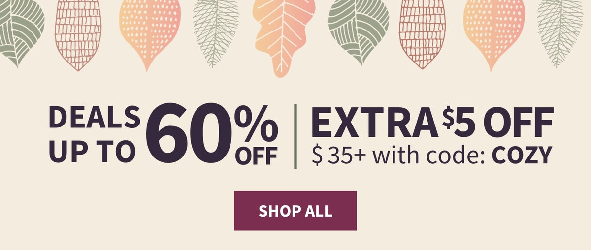 Fall sale banner on a cream background with decorative leaf illustrations, reading "Deals up to 60% off, extra $5 off $35+ with code COZY" and a "Shop All" button.