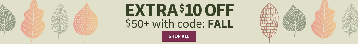 Promotional banner with autumn leaf illustrations on a beige background, featuring the text 'EXTRA $10 OFF $50+ with code: FALL' and a purple 'SHOP ALL' button.