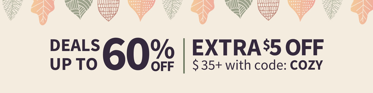 Fall sale banner on a cream background with decorative leaf illustrations, reading "Deals up to 60% off, extra $5 off $35+ with code COZY"