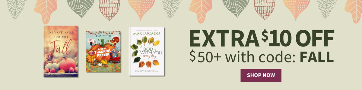 Promotional banner featuring three book covers on the left and text on the right offering an extra $10 off $50+ with code: FALL, plus a purple SHOP NOW button.
