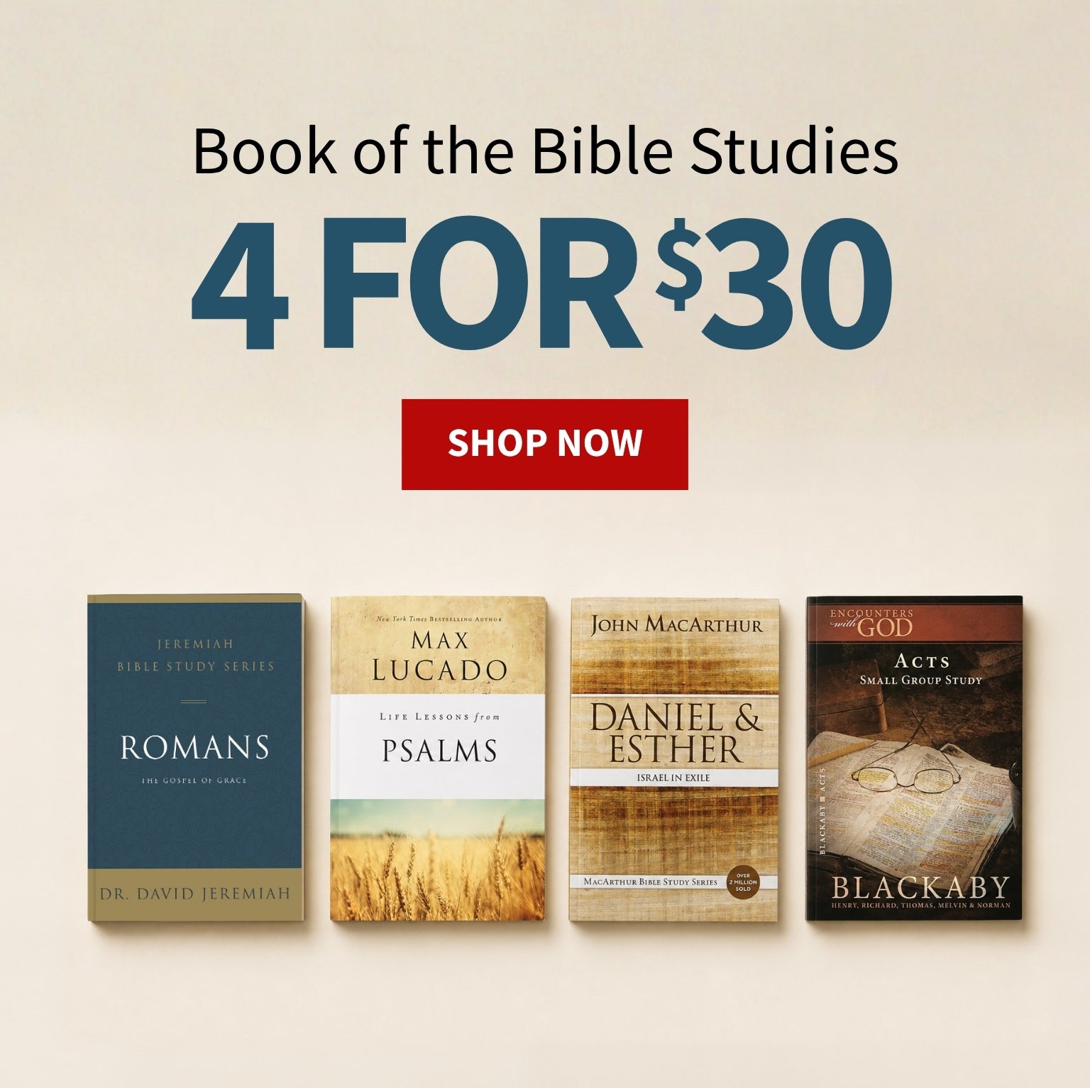 Promotional banner for 'Book of the Bible Studies' offering a 4-pack of Bible study books for $30 and a red 'SHOP NOW' button on a light beige background.