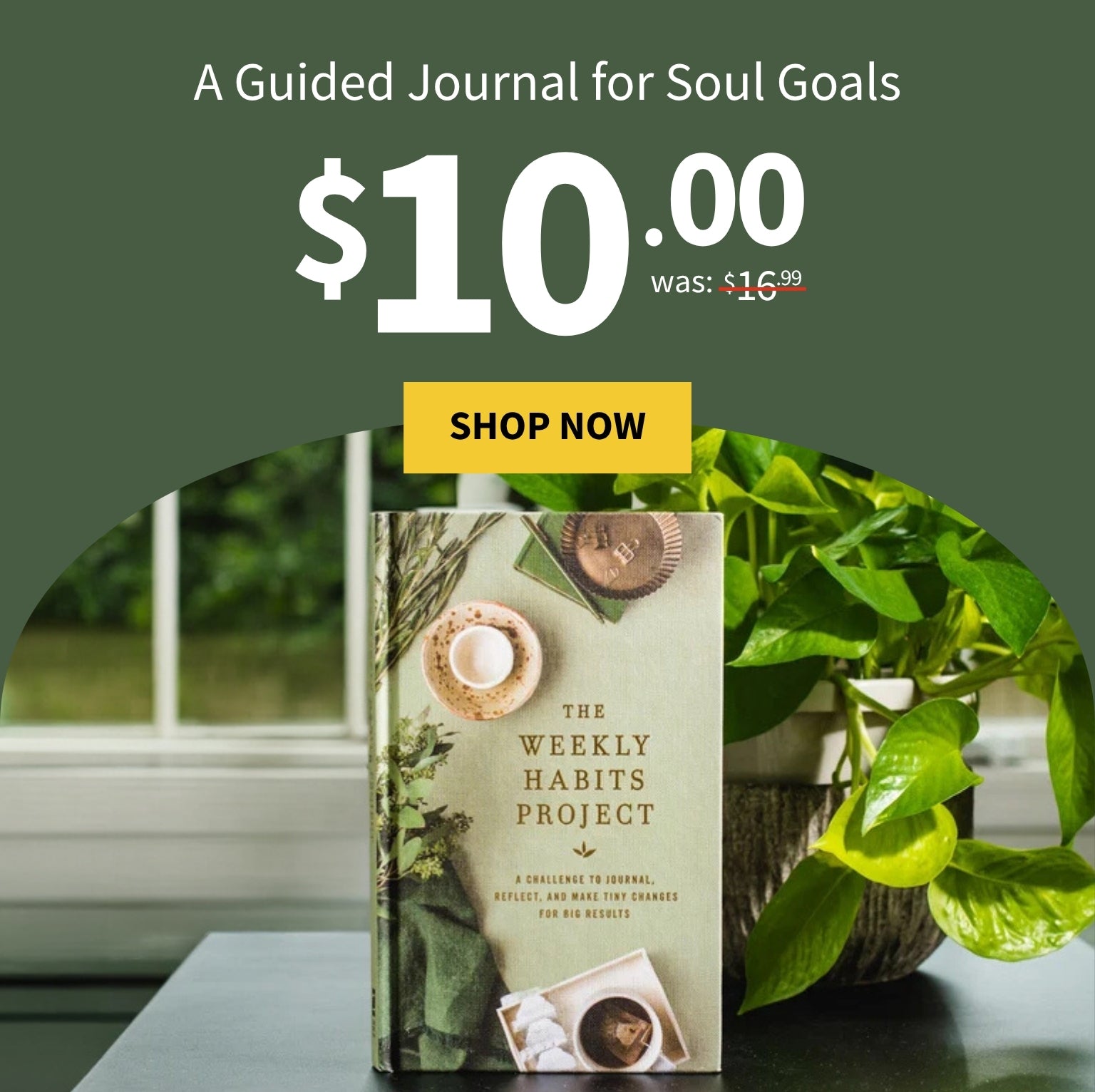 A promotional banner for a guided journal titled 'The Weekly Habits Project'. The left side features a dark green background with white text reading 'A Guided Journal for Soul Goals', a large '$10. with a Shop Now button