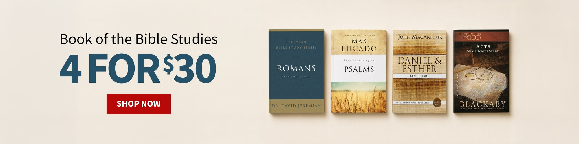 Promotional banner for 'Book of the Bible Studies' offering a 4-pack of Bible study books for $30 and a red 'SHOP NOW' button on a light beige background.