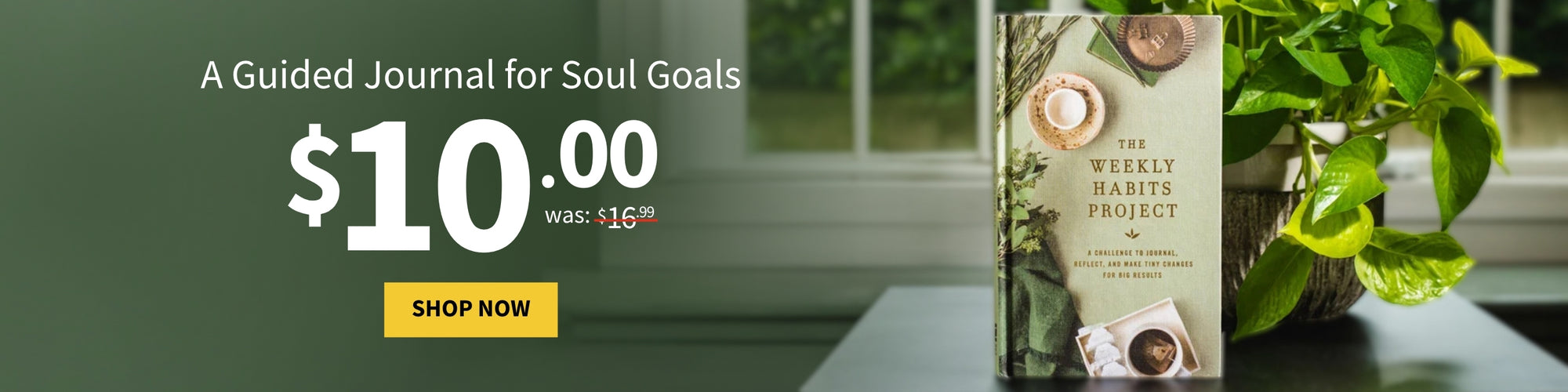 A promotional banner for a guided journal titled 'The Weekly Habits Project'. The left side features a dark green background with white text reading 'A Guided Journal for Soul Goals', a large '$10. with a Shop Now button