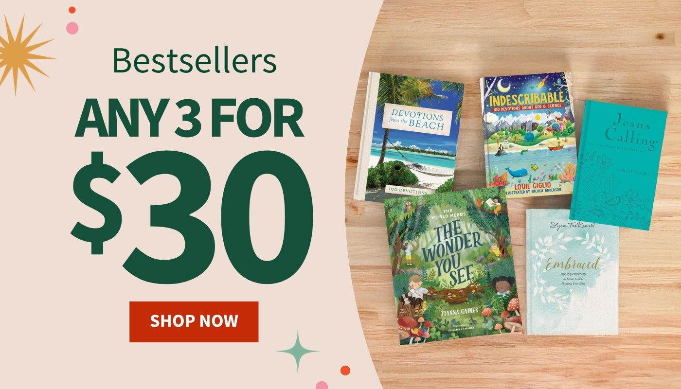 Promotional graphic for books with a 'Bestsellers Any 3 for $30' offer on a wooden surface.