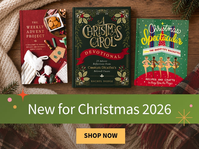 Three Christmas-themed book covers are displayed on a rustic wooden surface with a knitted scarf and evergreen branches. A green banner across the bottom reads 'New for Christmas 2026' with a yellow 'SHOP NOW' button.
