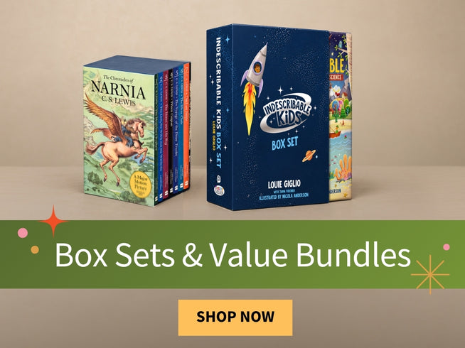 Two children's book box sets displayed on a beige surface against a neutral background, with a green banner at the bottom reading 'Box Sets & Value Bundles' and a yellow 'SHOP NOW' button.