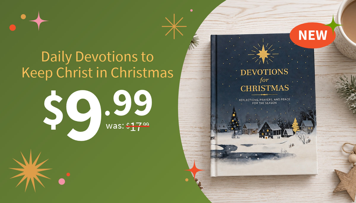 A promotional graphic for a devotional book titled 'Devotions for Christmas' placed on a light wood surface beside a green graphic panel with the text 'Daily Devotions to Keep Christ in Christmas' and a price of $9.99.