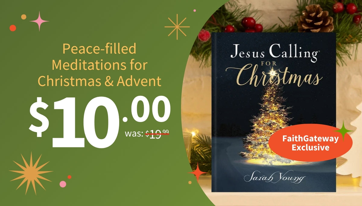 Promotional graphic for the book 'Jesus Calling for Christmas' by Sarah Young, showing the dark blue book cover with a glowing Christmas tree on the right, next to a green background with the text 'Peace-filled Meditations for Christmas & Advent', a price of $10.00 was: $19.