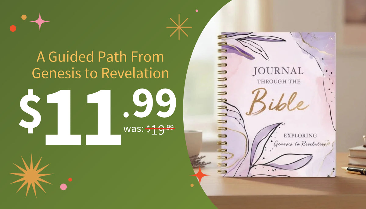 A spiral-bound journal titled 'Journal Through the Bible' shown on a tabletop next to a green promotional graphic with the text 'A Guided Path From Genesis to Revelation' and a sale price of $11.99.