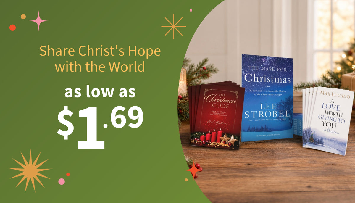 Promotional graphic for Christmas-themed books, featuring three book covers on a wooden table beside a green text panel that reads 'Share Christ's Hope with the World as low as $1.69'.