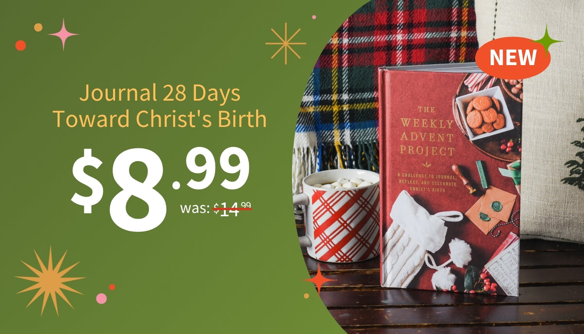 A promotional graphic for 'The Weekly Advent Project' journal, showing the book on a dark wooden surface next to a red-and-white striped mug with whipped cream and a plaid blanket. The left side features a green background with text reading 'Journal 28 Days Toward Christ's Birth', a price of '$8.99.