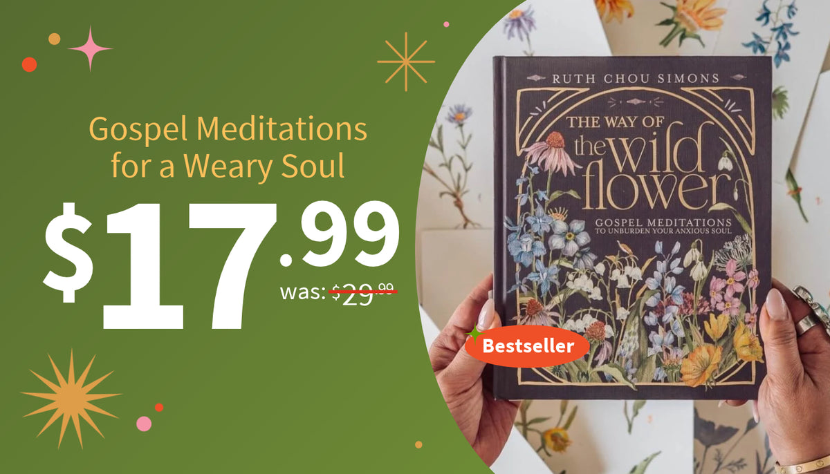 A promotional graphic for the book 'Gospel Meditations for a Weary Soul' by Ruth Chou Simons. The left side features a green background with white text showing the title, price ($17.