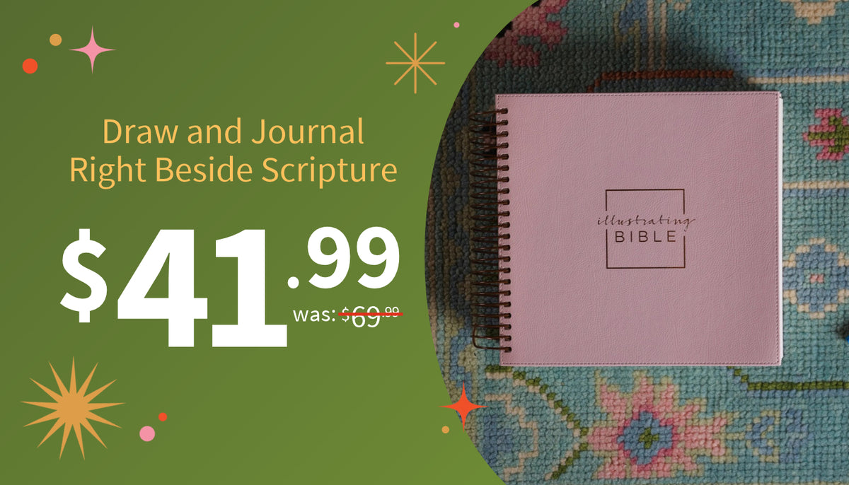 A pink spiral-bound journal labeled 'illustrating BIBLE' shown on a patterned blue textile next to a green promotional background with text reading 'Draw and Journal Right Beside Scripture' and a price of $41.99.