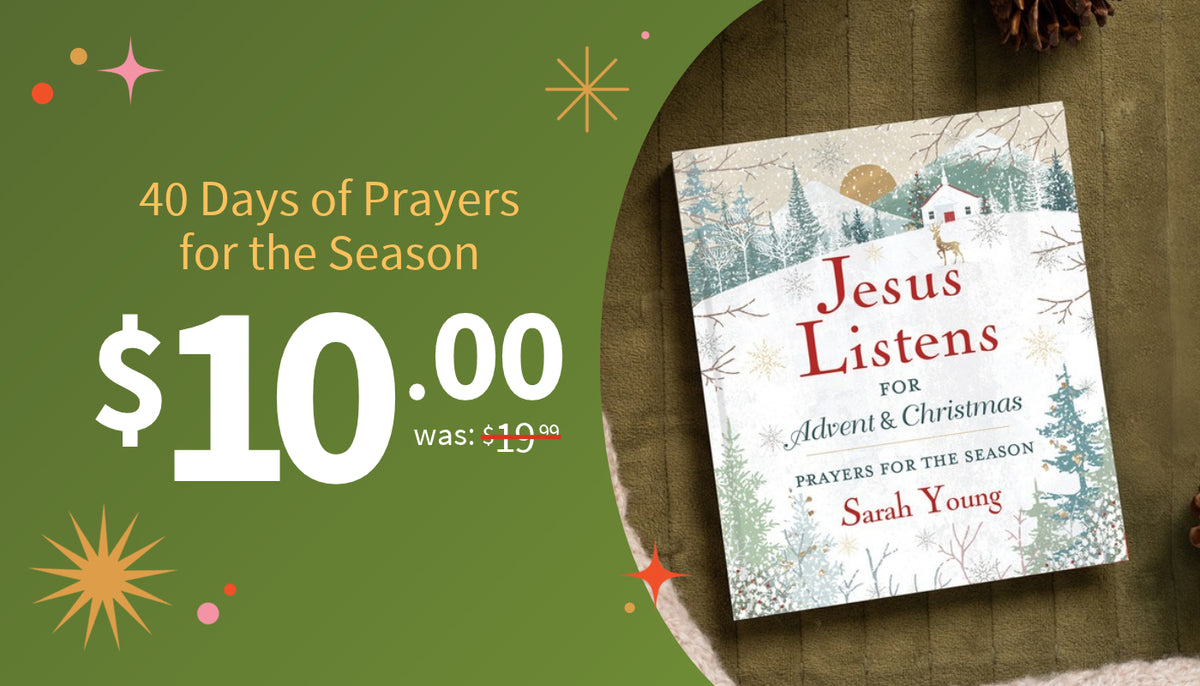 Book cover for 'Jesus Listens for Advent & Christmas: Prayers for the Season' by Sarah Young, shown on a rustic wood surface with a green promotional side panel with the copy 40 Days of Prayers for the Season at $10.
