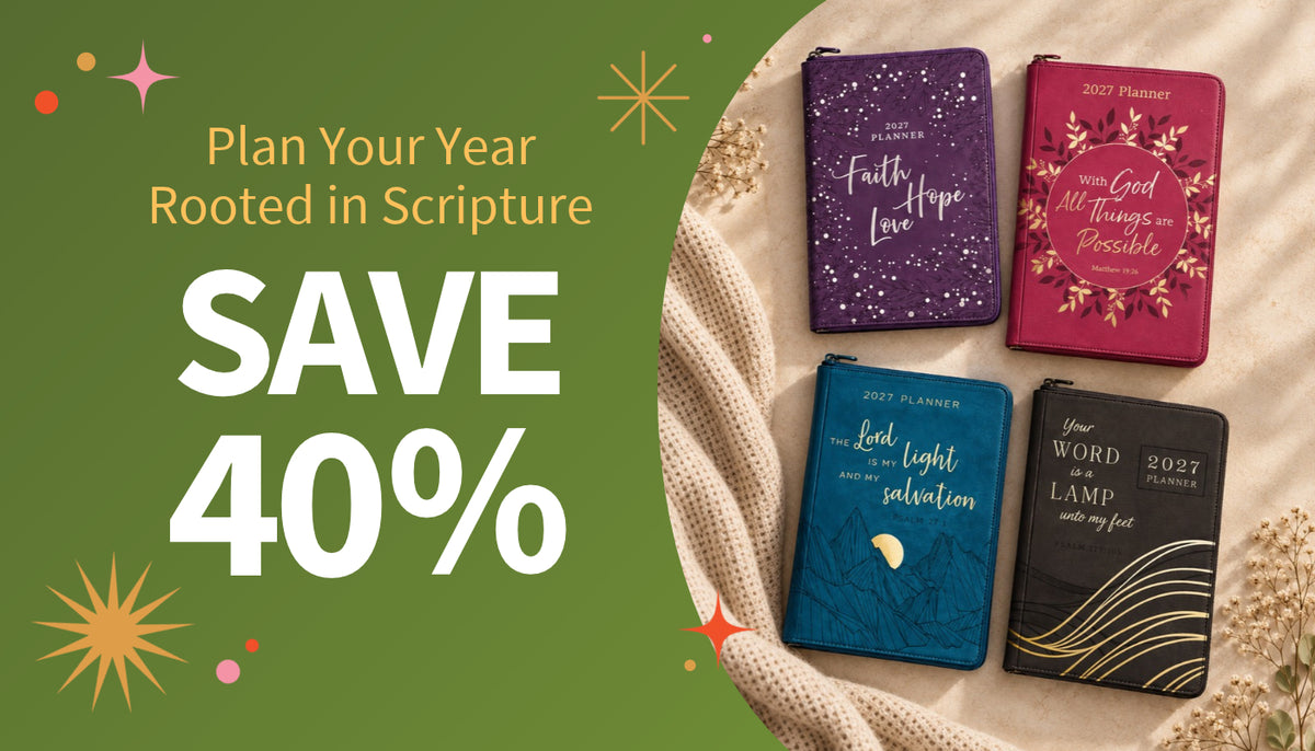 Four 2027 Bible study planners in purple, pink, blue, and black are arranged on a beige knit blanket next to a green promotional graphic with the text 'Plan Your Year Rooted in Scripture' and 'SAVE 40%'.