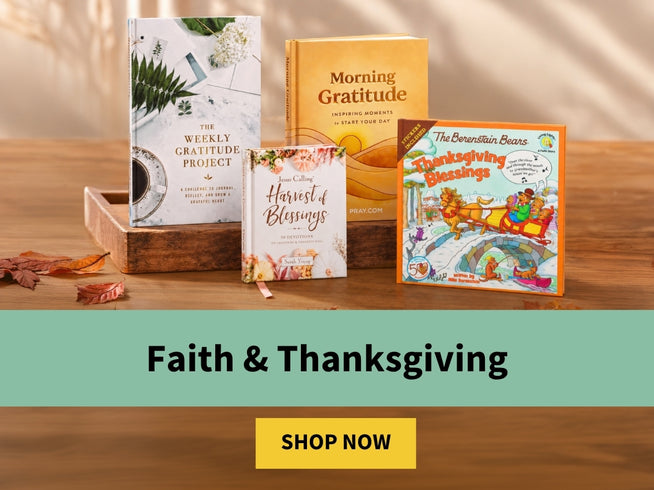 Four books displayed on a wooden surface with a banner reading 'Faith & Thanksgiving' and a 'SHOP NOW' button below. 