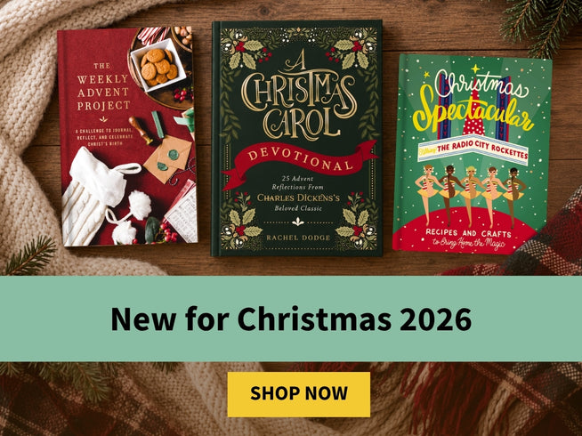 Three Christmas-themed books displayed on a rustic wooden surface with a knitted blanket and pine branches around them. A teal banner across the bottom reads 'New for Christmas 2026' with a yellow 'SHOP NOW' button below.