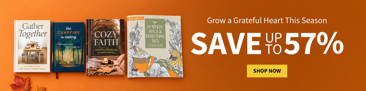 A promotional banner featuring four book covers on the left against an orange background, with large white text reading 'Grow a Grateful Heart This Season' and 'SAVE UP TO 57%' plus a yellow 'SHOP NOW' button on the right.