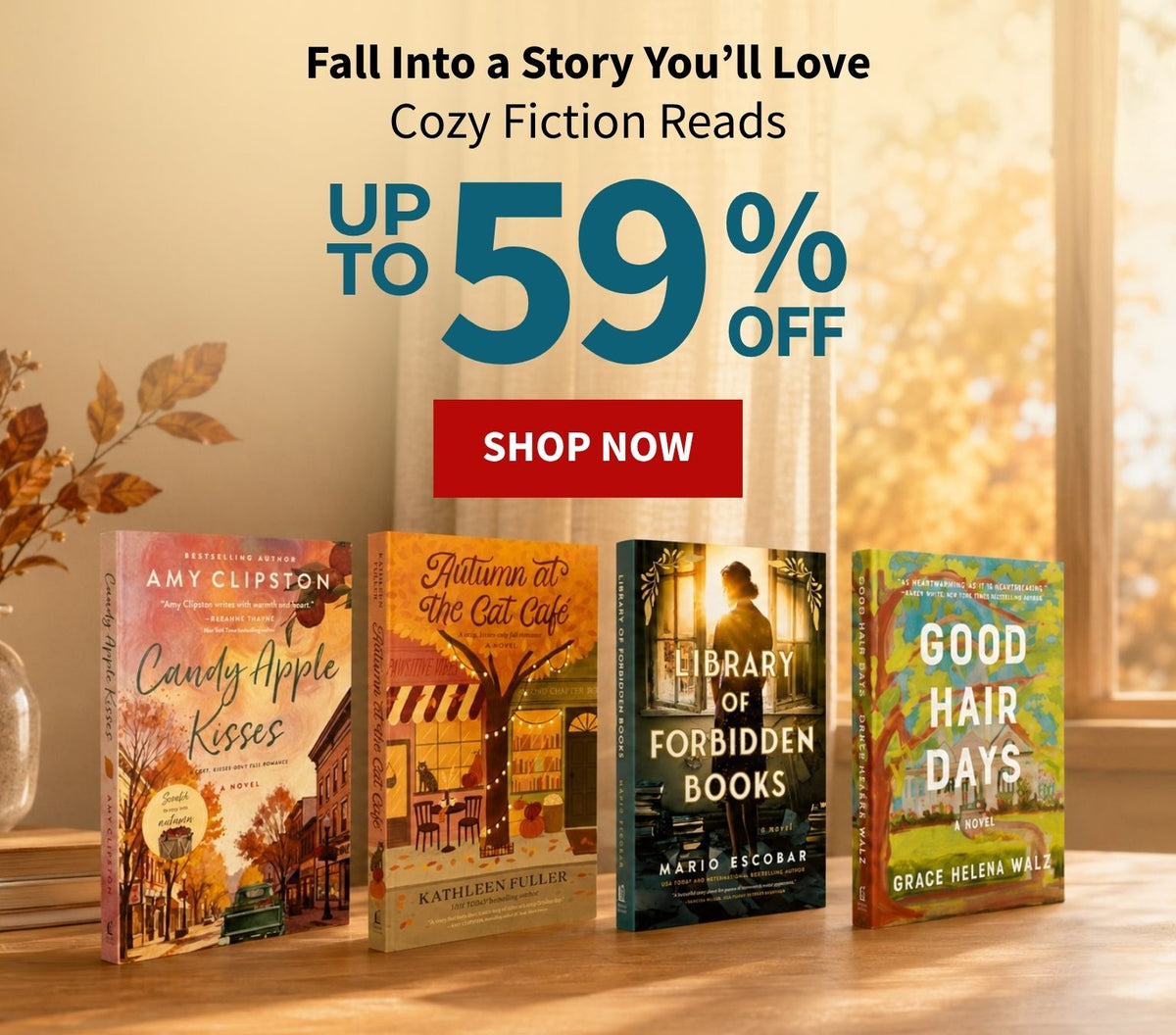 A promotional banner for Cozy Fiction Reads featuring four book covers lined up on a wooden surface next to a vase, with text 'UP TO 59% OFF' with a red 'SHOP NOW' button.