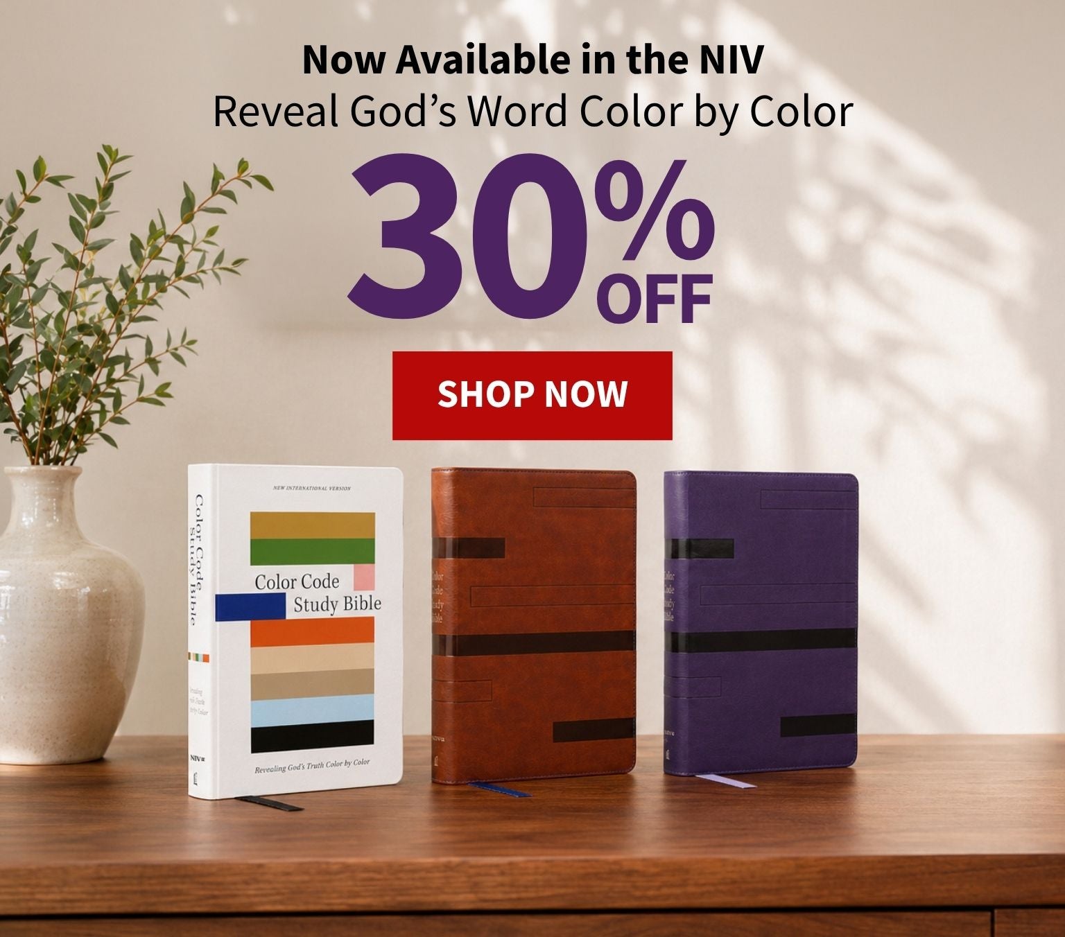 Three colored Codex Bibles standing on a wooden table next to a ceramic vase, with promotional text on the right reading 'Now Available in the NIV Reveal God's Word Color by Color' and a large '30% OFF' with a red 'SHOP NOW' button.