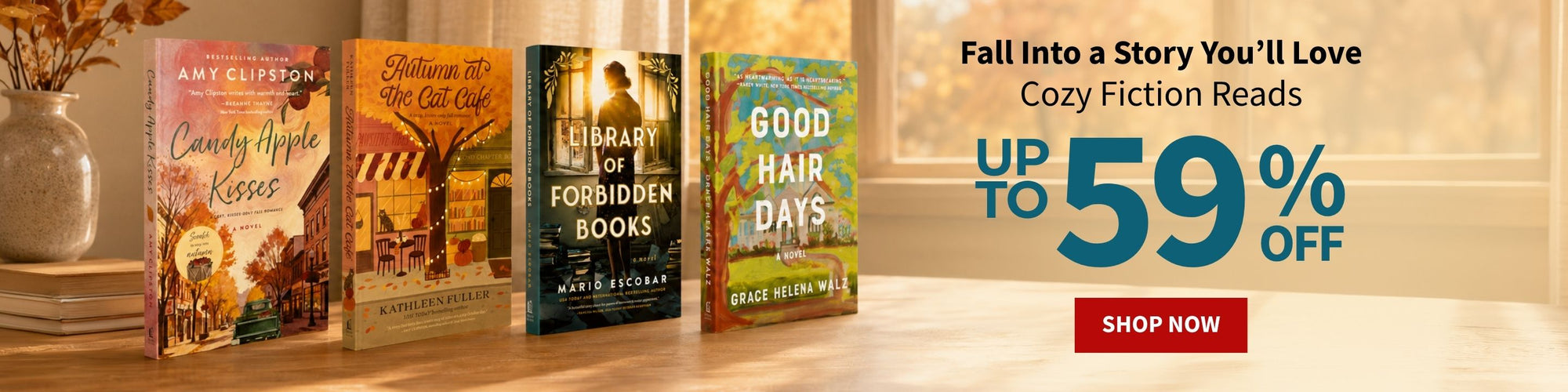 A promotional banner for Cozy Fiction Reads featuring four book covers lined up on a wooden surface next to a vase, with text 'UP TO 59% OFF' with a red 'SHOP NOW' button.