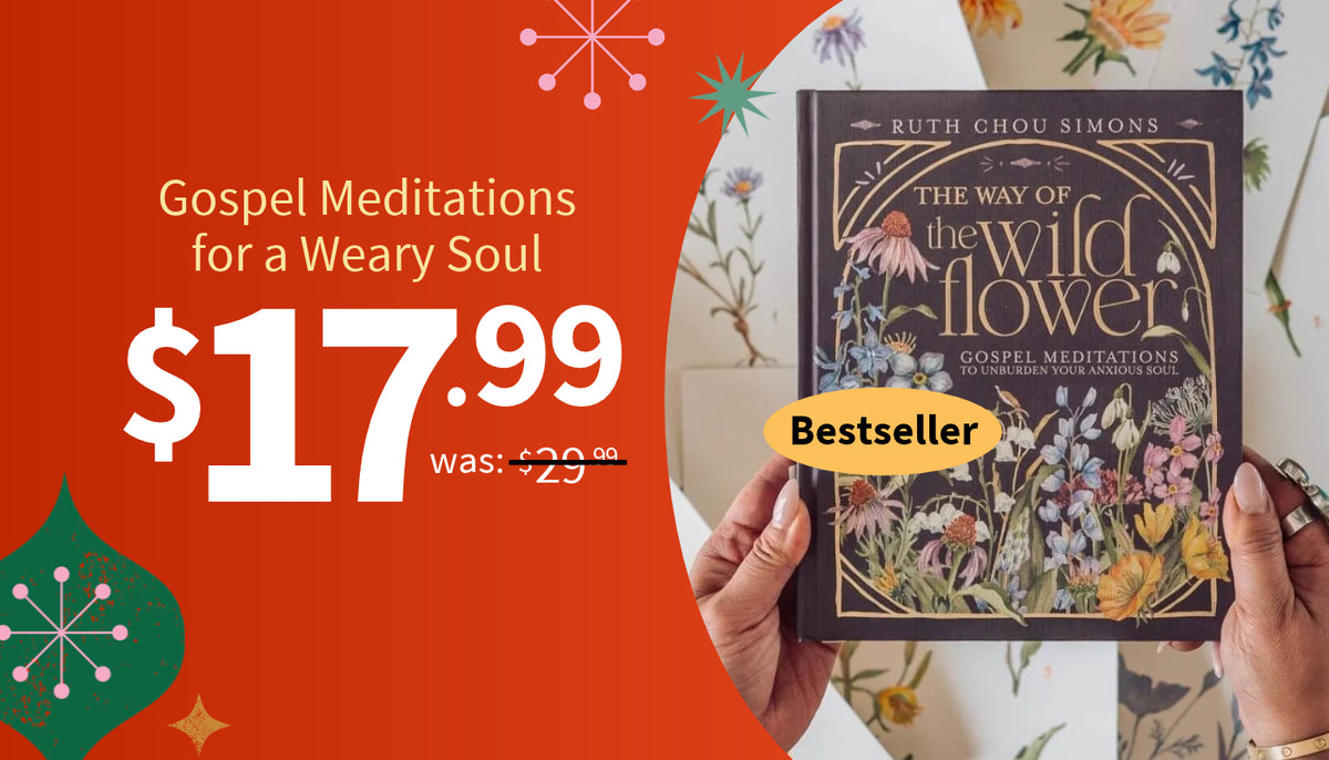 A promotional graphic for the book 'The Way of the Wildflower' by Ruth Chou Simons. The left side features a bright orange background with white text showing the title and price $17.99 was $29.99