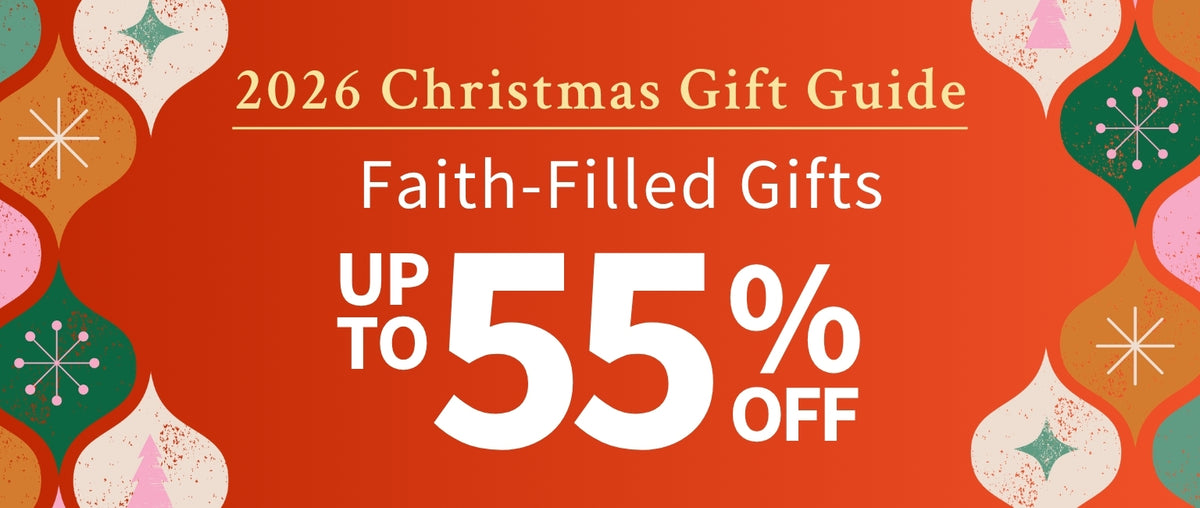 Promotional holiday graphic for a 2026 Christmas Gift Guide, with large white text reading 'Faith-Filled Gifts' and 'UP TO 55% OFF' on a bright orange background with decorative ornament illustrations along the sides.