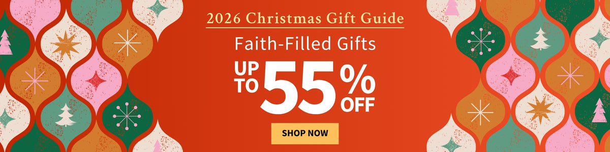Promotional banner for a 2026 Christmas Gift Guide featuring the text 'Faith-Filled Gifts', 'UP TO 55% OFF', and a 'SHOP NOW' button on a red-orange background, framed by festive multicolor ornament illustrations.