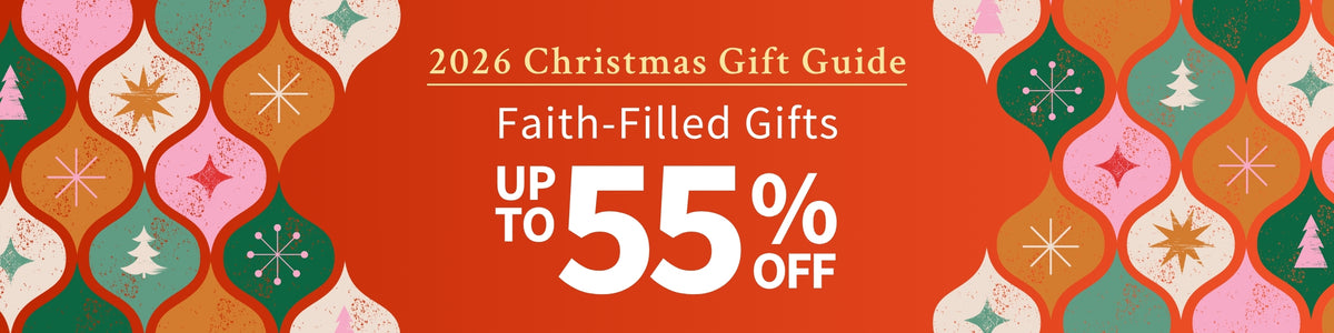 Promotional banner for the 2026 Christmas Gift Guide, featuring a central orange-red background with white text reading 'Faith-Filled Gifts' and 'UP TO 55% OFF', surrounded by a decorative border of pink, green, and orange Christmas ornament illustrations.