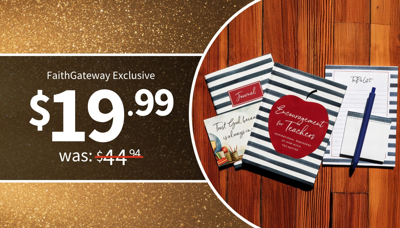 Promotional image of FaithGateway exclusive products with price tag on a wooden surface - $19.99 was $44.94