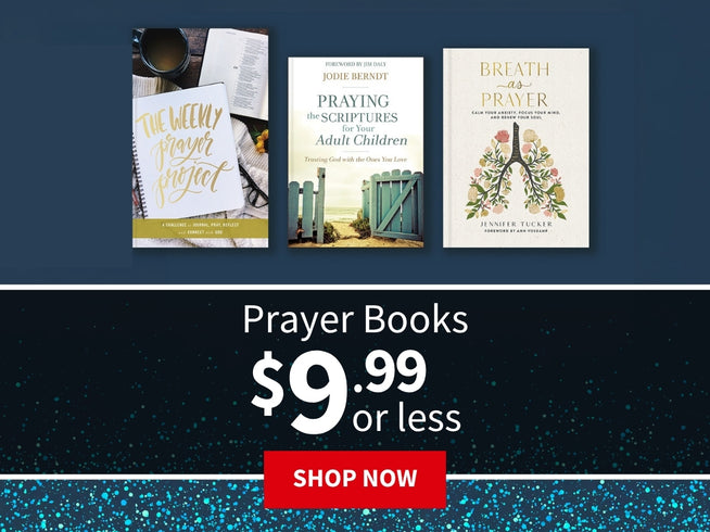 Three prayer books displayed with a promotional banner for $9.99 or less.