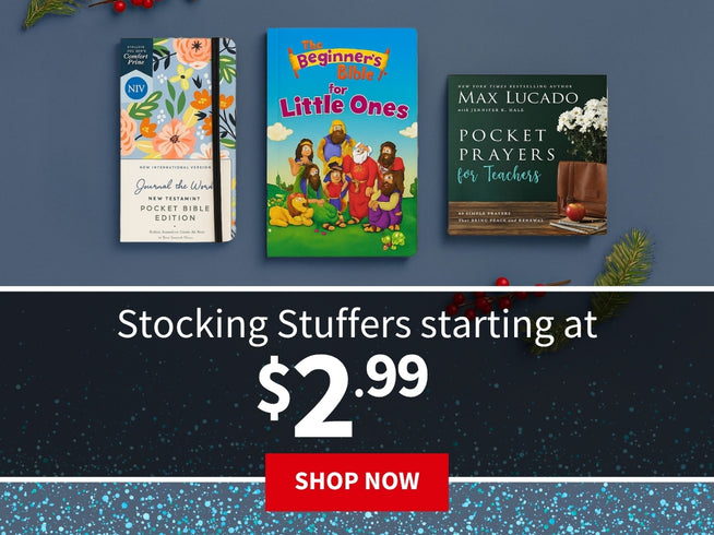 Three books on a beige background with promotional text for stocking stuffers - starting at $2.99 -  Shop Now
