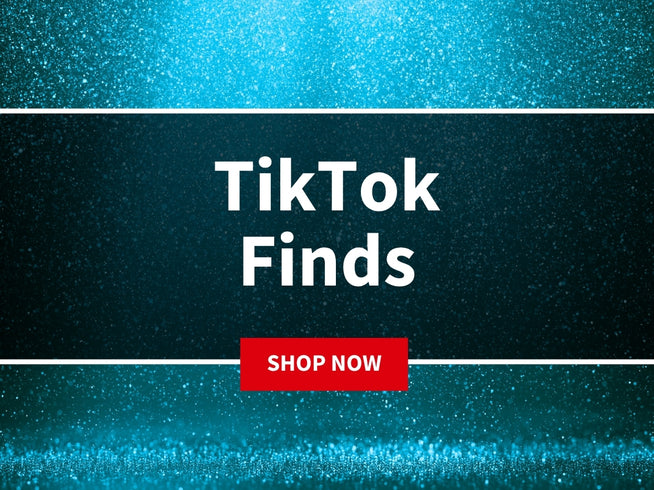 Promotional graphic with 'TikTok Finds' text and a 'Shop Now' button on a blue and black gradient background.