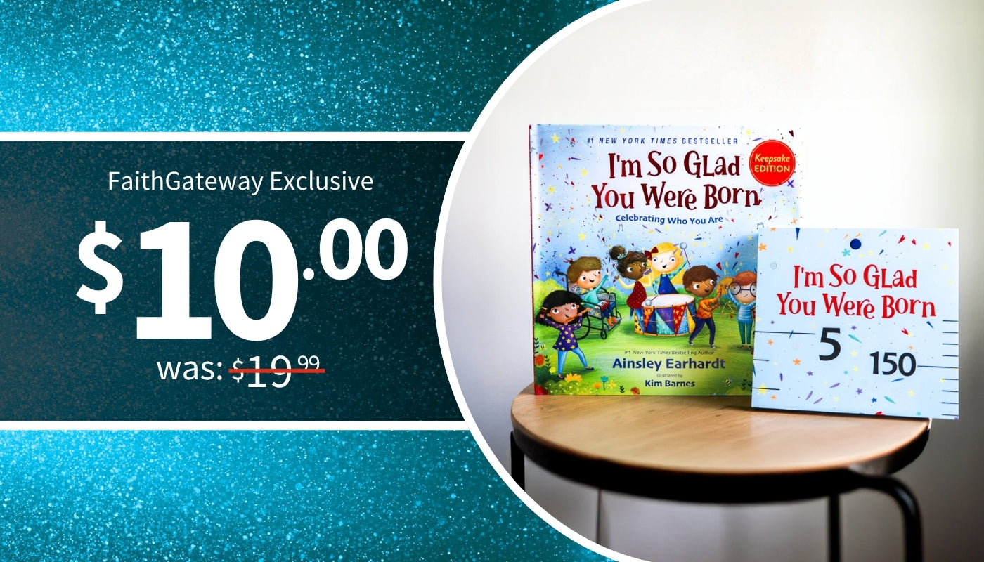 Children's book titled 'I'm So Glad You Were Born' with a price tag on a blue and white background - $10 was $19.99