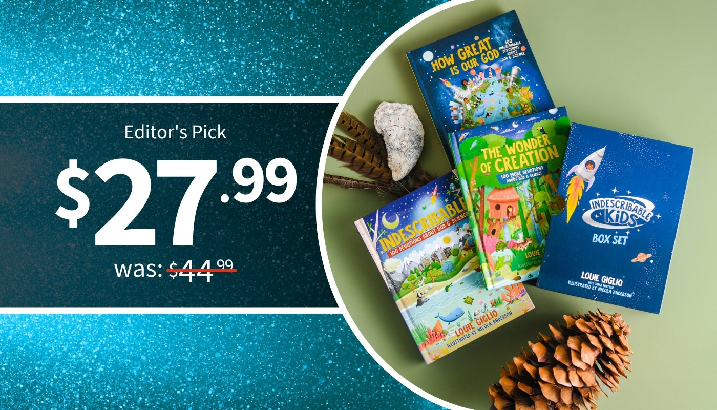 Children's book sets with a promotional price tag on a blue and green background - Editor's Pick $27.99 was $44.99